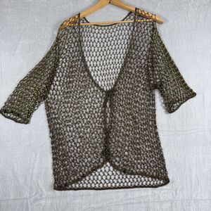 Vintage Bronze Beaded Crochet Cardigan Whimsigoth Sheer Knit BEAUTIFUL!